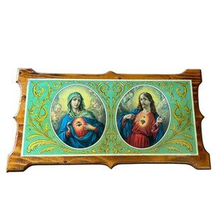 Vintage 17x36 Varnished Italian Poster on Board Scared Heart Jesus Mary Picture